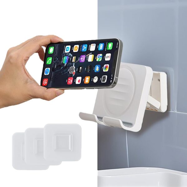 Shower Phone Holder, Wall Mount Cellphone Stand with 3pcs Adhesive Pads, Adjustable & Portable Mirror Smartphone Wall Holder, Desktop Phone Mount Stand for Bathroom Bedroom Kitchen or Dorm