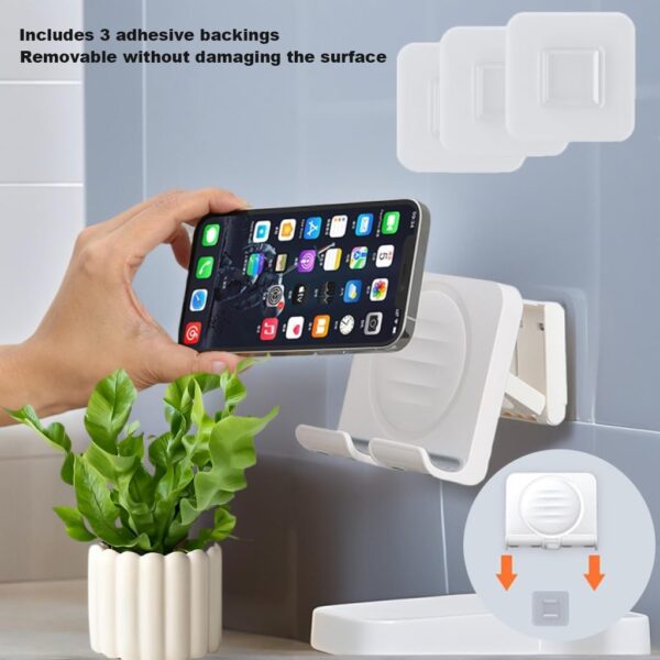 Shower Phone Holder, Wall Mount Cellphone Stand with 3pcs Adhesive Pads, Adjustable & Portable Mirror Smartphone Wall Holder, Desktop Phone Mount Stand for Bathroom Bedroom Kitchen or Dorm - Image 5