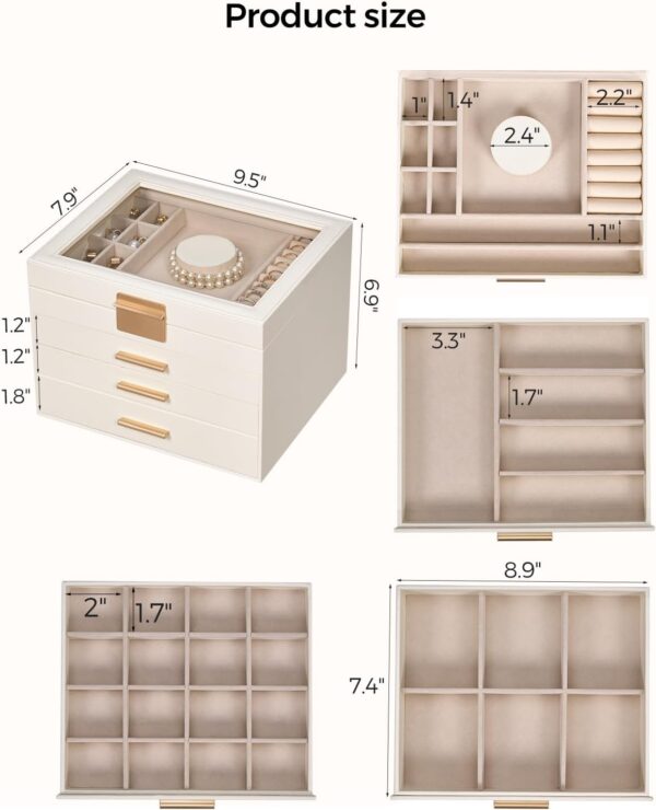 Jewelry Box for Women, Glass Lid Jewelry Organizer Box with 3 Drawers for Earrings Necklaces Rings Bracelets, Modern Style, Jewelry Storage, Birthday Christmas Gifts for Women, Cloud White - Image 5