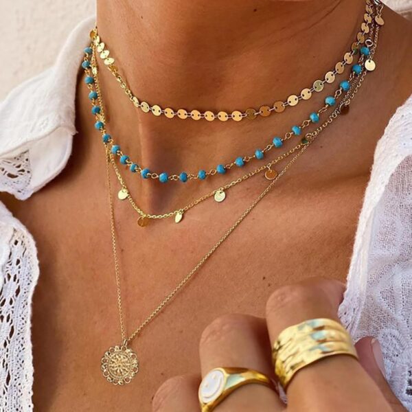 Gold Layered Necklace for Women Summer Boho Layered Stacked Pendant Necklace Country Concert Necklace Turquoise Coin Long Necklace - Image 3