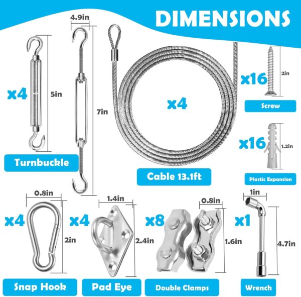 57Pcs Sun Shade Sail Hardware Kit 6 inch with 4Pcs 13Ft Wire Cable for Triangle Rectangle Sunshade 304 Stainless Fixing Accessories Installation Awning Attachment Set for Garden Patio Outdoor - Image 2