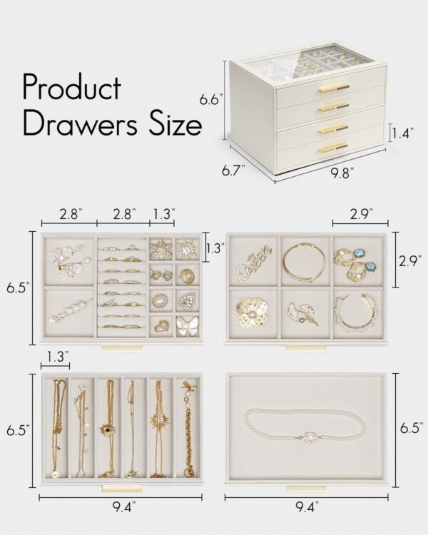 Vlando 4 Layer Jewelry Box for Women, Glass Lid Jewelry Organizer with 4 Drawers for Necklaces Rings Earrings Bracelets - Cloud White - Image 6