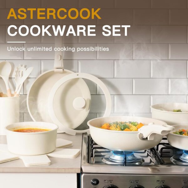 Astercook 21 Pcs Pots and Pans Set Non Stick, Ceramic Cookware Set Detachable Handle, RV Kitchen Cooking Set Removable Handles, Oven Safe, Induction Ready, Stackable Non-stick Set, Cream White - Image 5