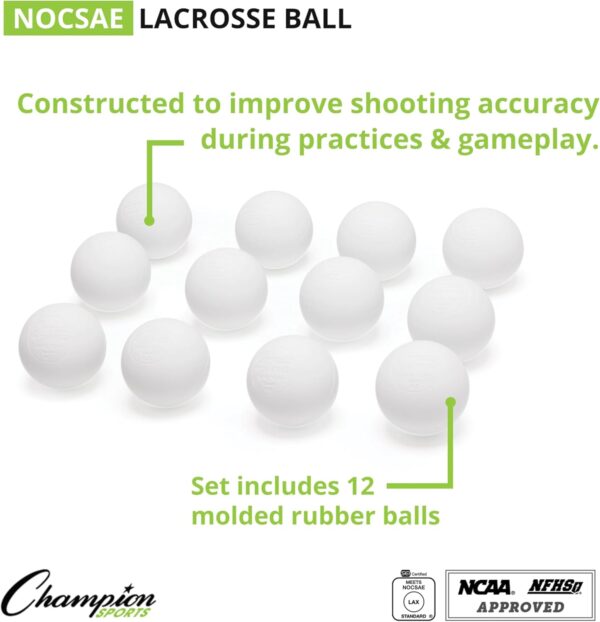 Champion Sports Lacrosse Balls: Official Size Sporting Goods Equipment for Professional, College & Grade School Games, Practices & Recreation - NCAA, NFHS and SEI Certified - 12-Pack - White - Image 3