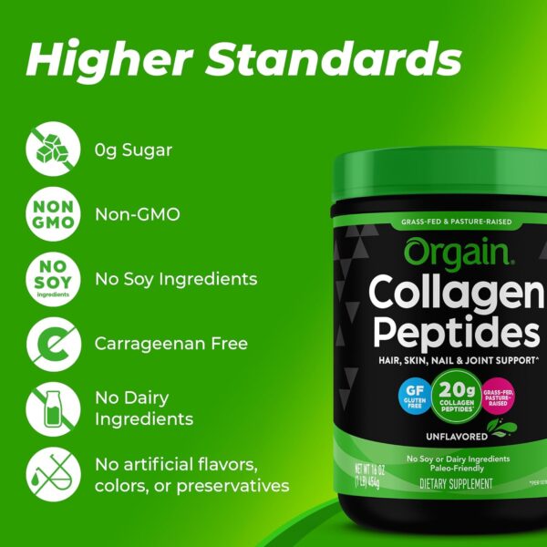 Orgain Hydrolyzed Collagen Peptides Powder For Women & Men, 20g Grass Fed Collagen, Unflavored - Hair, Skin, Nail, & Joint Support Supplement, Paleo & Keto, Non-GMO, Type I and III, 1lb - Image 5