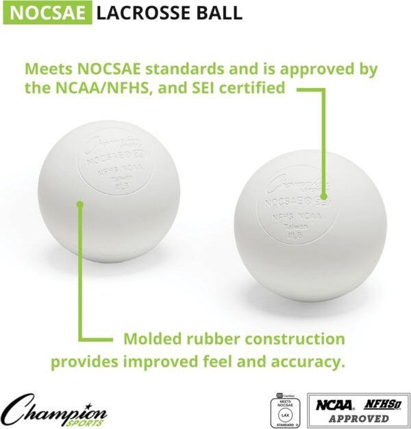 Champion Sports Lacrosse Balls: Official Size Sporting Goods Equipment for Professional, College & Grade School Games, Practices & Recreation - NCAA, NFHS and SEI Certified - 12-Pack - White - Image 2