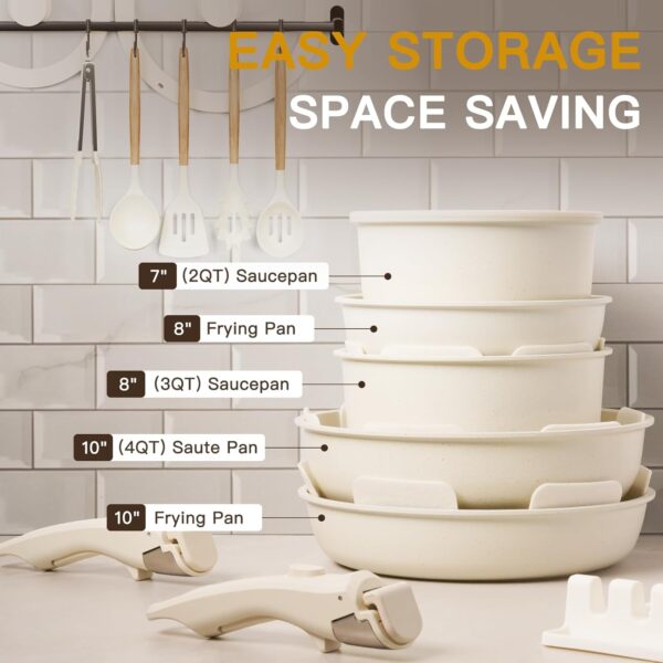Astercook 21 Pcs Pots and Pans Set Non Stick, Ceramic Cookware Set Detachable Handle, RV Kitchen Cooking Set Removable Handles, Oven Safe, Induction Ready, Stackable Non-stick Set, Cream White - Image 9
