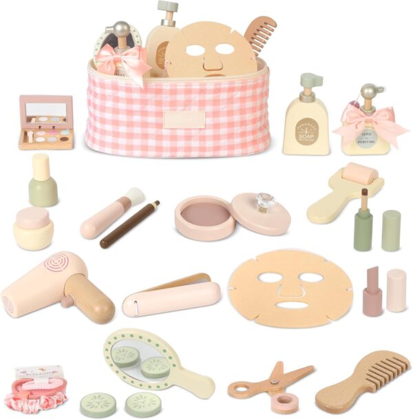 Wooden Makeup Toy Set, Pretend Play Makeup Set for Kids Toddlers, Play Beauty Makeup Kit for Girls 3 4 5 6 7 Year Old