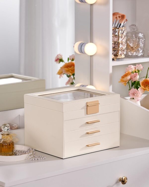 Jewelry Box for Women, Glass Lid Jewelry Organizer Box with 3 Drawers for Earrings Necklaces Rings Bracelets, Modern Style, Jewelry Storage, Birthday Christmas Gifts for Women, Cloud White - Image 9