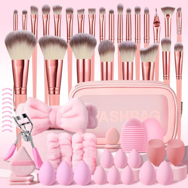 61Pcs Makeup Brush Kit with 25Pcs Pink Makeup Brushes, Washbag, Makeup Sponges, Cleaning Tool, Powder Puffs, Headband, Wristband, and other Hypoallergenic Essentials for All Skin Types