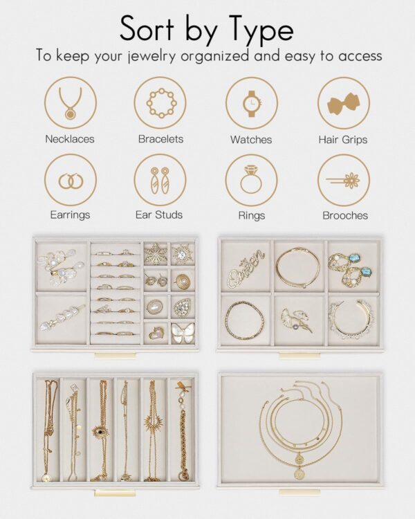Vlando 4 Layer Jewelry Box for Women, Glass Lid Jewelry Organizer with 4 Drawers for Necklaces Rings Earrings Bracelets - Cloud White - Image 3