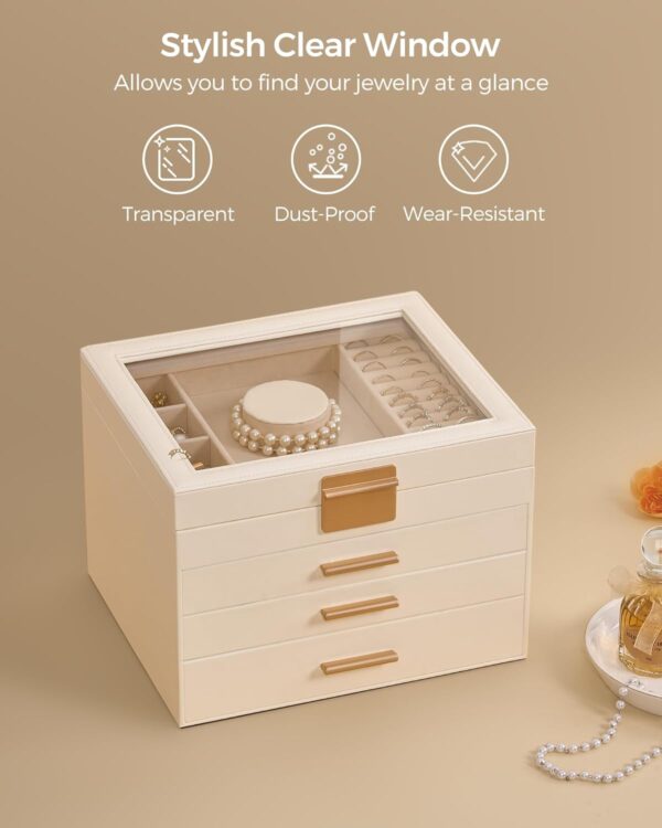 Jewelry Box for Women, Glass Lid Jewelry Organizer Box with 3 Drawers for Earrings Necklaces Rings Bracelets, Modern Style, Jewelry Storage, Birthday Christmas Gifts for Women, Cloud White - Image 2