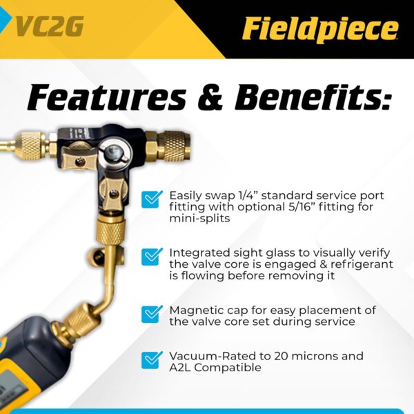 Fieldpiece - VC2G 1/4″ Valve Core Removal Tool Dual Valve with Sight Glass - Vacuum-Rated 20 microns & A2L Compatible - HVAC Tools - Image 2