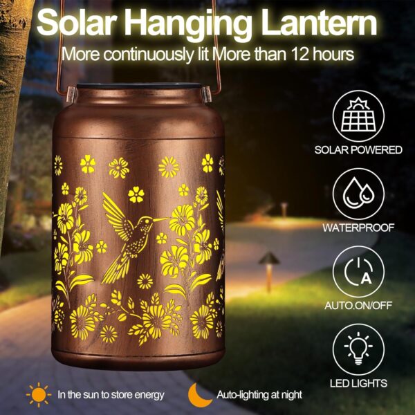 Solar Lantern Outdoor Hanging Waterproof Outside Metal Openwork Hummingbird Pattern Birthday Gifts for Women Mom Landscape Lights for Porch Garden Yard Patio Pathway Decor（05-Hummingbird） - Image 2