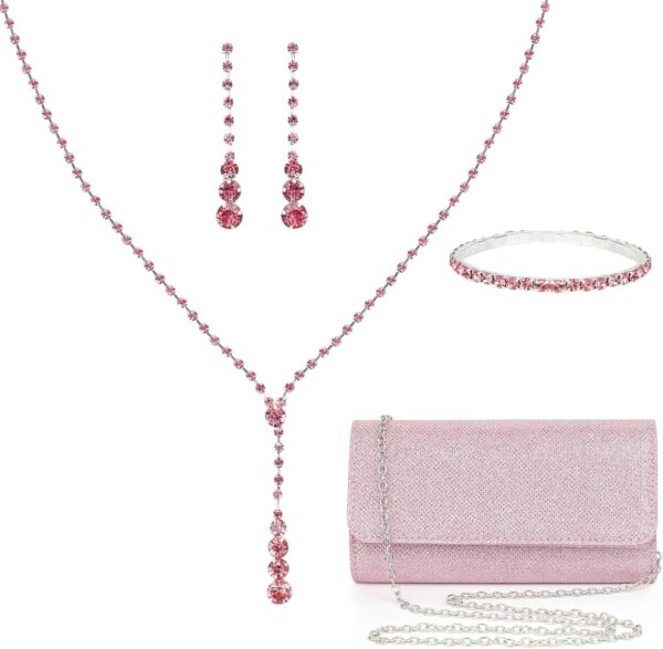 Silver Prom Jewelry Set for Women Rhinestone Necklace Dangle Earrings Bracelet Clutch Purse Silver Accessories Bride Bridesmaid Crystal Bridal Jewelry for Wedding Engagement Party Prom Accessories