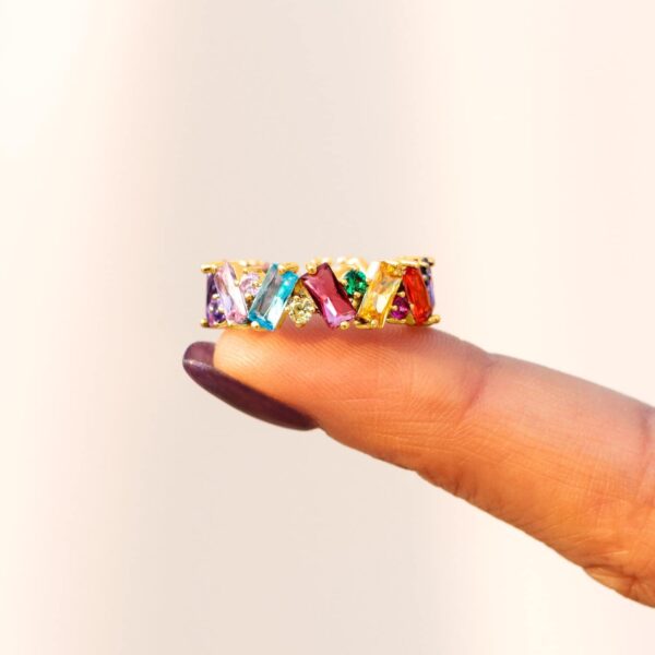 STORYJEWELLERY Colorful Rainbow Ring, Emerald Cut Eternity Band Rings for Women, 18K Gold Plated Cubic Zirconia Rings, Baguette Ring, Gifts for Women, Colorful Jewelry, Rainbow Gifts - Image 4