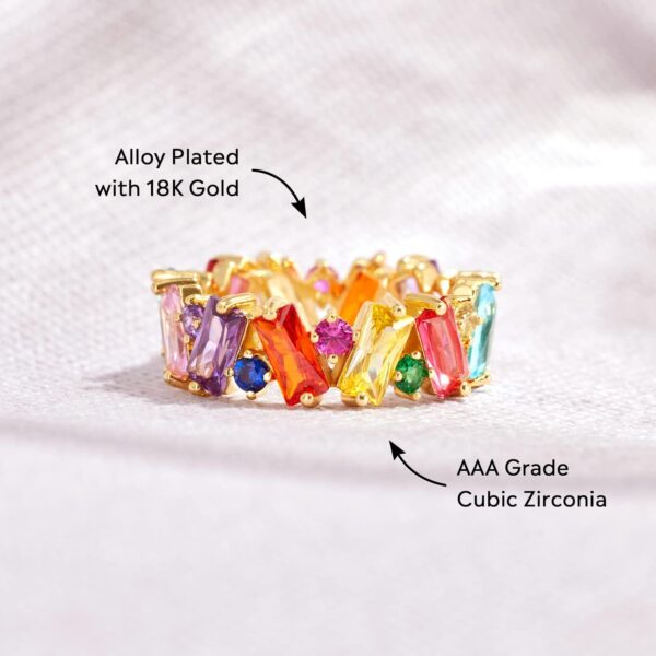 STORYJEWELLERY Colorful Rainbow Ring, Emerald Cut Eternity Band Rings for Women, 18K Gold Plated Cubic Zirconia Rings, Baguette Ring, Gifts for Women, Colorful Jewelry, Rainbow Gifts - Image 3