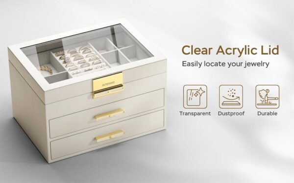Jewelry Box with Glass Lid, 3-Layer Jewelry Organizer, 2 Drawers, for Big and Small Jewelry, Earrings, Rings, Necklaces, Bracelets - Ideal Gift for Women (Ivory, Model A2307BE) - Image 2