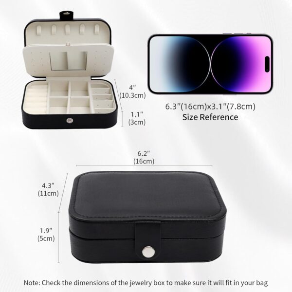 Travel Jewelry Case with Mirror, PU Leather Small Jewelry Organizer for Women Girls, Portable Mini Box, 2 Layer Storage Holder Boxes for Rings, Necklaces, Stud Earrings,Bracelets(Black) - Image 3