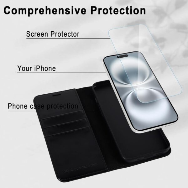MONASAY Wallet Case Compatible for iPhone 16 5G,[Glass Screen Protector Included] [RFID Blocking] Flip Folio Leather Cell Phone Cover with Credit Card Holder, 6.1-inch, Black - Image 4