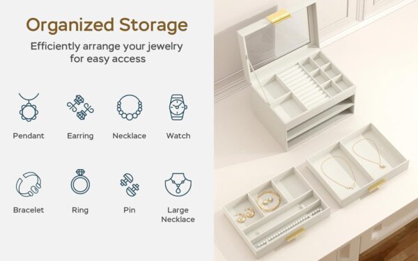 Jewelry Box with Glass Lid, 3-Layer Jewelry Organizer, 2 Drawers, for Big and Small Jewelry, Earrings, Rings, Necklaces, Bracelets - Ideal Gift for Women (Ivory, Model A2307BE) - Image 3