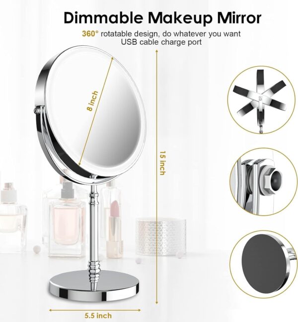 Lighted Makeup Mirror, 3000 mAh Rechargeable Double Sided Magnifying Mirror with 3 Colors, 1x/10x 360° Rotation Vanity Mirror, Brightness Adjustable Magnification Cosmetic Light up Mirror, Women Gift - Image 5