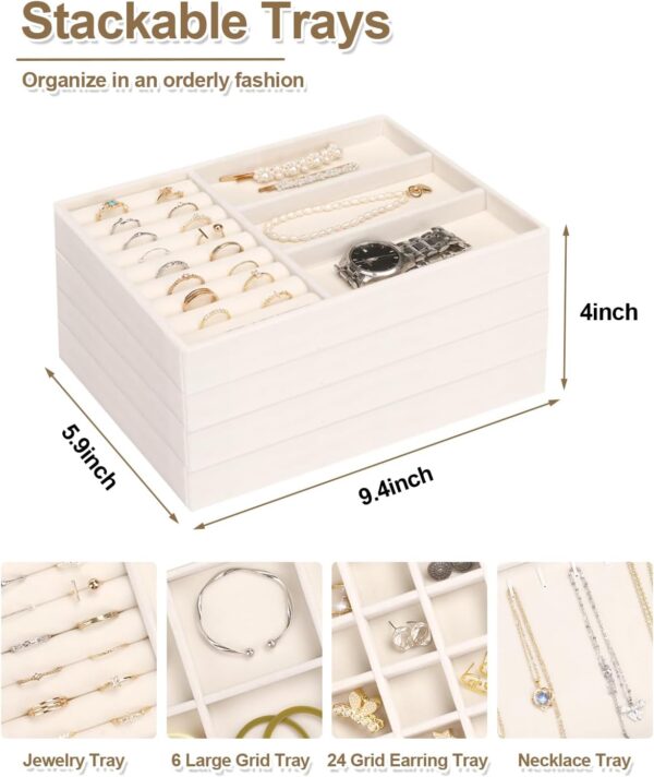 Jenseits 4 Jewelry Organizer Drawer Insert, Stackable Velvet Jewelry Tray Organizer Display Case Storage Containers, Earring Holder Necklace Watch Bracelet Accessary Ring Trays, Gift For Women (Beige) - Image 4