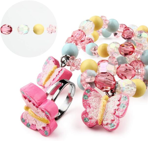 Butterfly Stretch Necklace Little Girl Toddler Necklace Bracelet Set, Little Princess Jewelry Kids Play Necklaces Butterfly Rings for Kids - Image 3