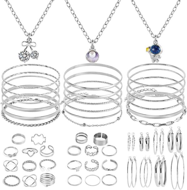 Silver Plated Jewelry Set - 51 Pcs with 3 Necklaces, 18 Bangles, 8 Pair Hoop Earrings, 22 Knuckle Rings for Women - Valentine, Anniversary, Birthday, Friendship