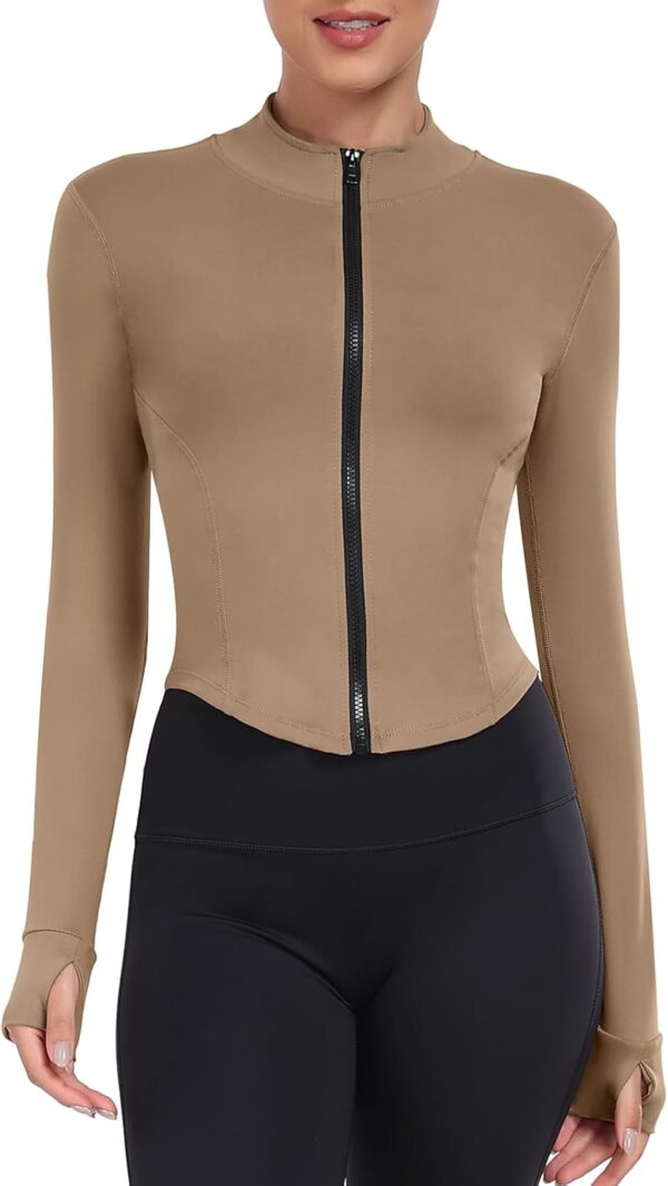 Women's Full Zip Lightweight Running Yoga Slim Fit Cropped Bbl Jacket Workout Sportwear With Thumb Holes - Image 2