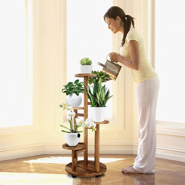 GEEBOBO 5 Tiered Tall Plant Stand for Indoor, Wood Plant Shelf Corner Display Rack, Multi-tier Planter Pot Holder Flower Stand for Living Room Balcony Garden Patio (Walnut) - Image 2