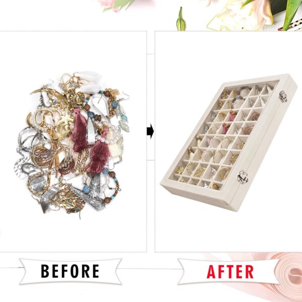 Velvet Jewelry Tray 48 Grid Jewelry Display Tray Organizer Box with Transparent Lid Rings Earrings Necklaces Pendants Display Box Suitable for Women and Girls (Beige) - Image 5