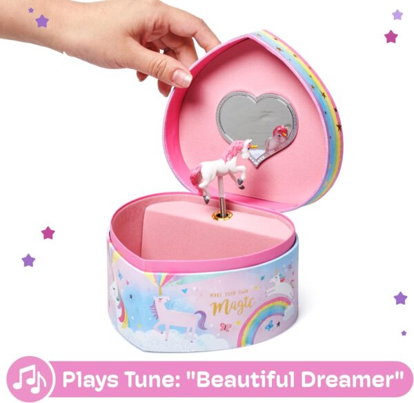 Jewelkeeper Music Jewelry Box for Girls - Sturdy Plastic with Fancy Mirror Twirling Unicorn Figurine and Flocked Lining - Kids Jewelry Box for Secrets and Keepsakes - Heart Shaped Unicorn Print - Image 4