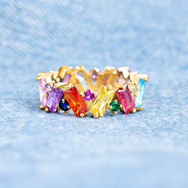 STORYJEWELLERY Colorful Rainbow Ring, Emerald Cut Eternity Band Rings for Women, 18K Gold Plated Cubic Zirconia Rings, Baguette Ring, Gifts for Women, Colorful Jewelry, Rainbow Gifts - Image 5