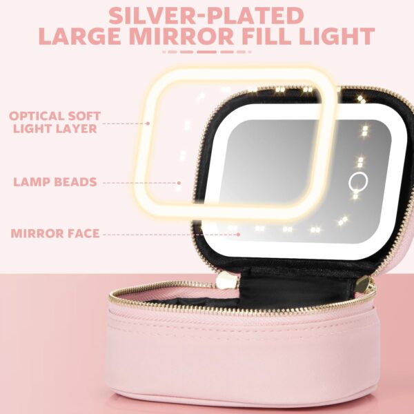 Small Makeup Bag Travel Train Case with Mirror and Light Mini Travel Make up for Women Train Case Cosmetic Organizer 3 Adjustable Brightness Toiletry Bag Portable Artist Storage - Image 4