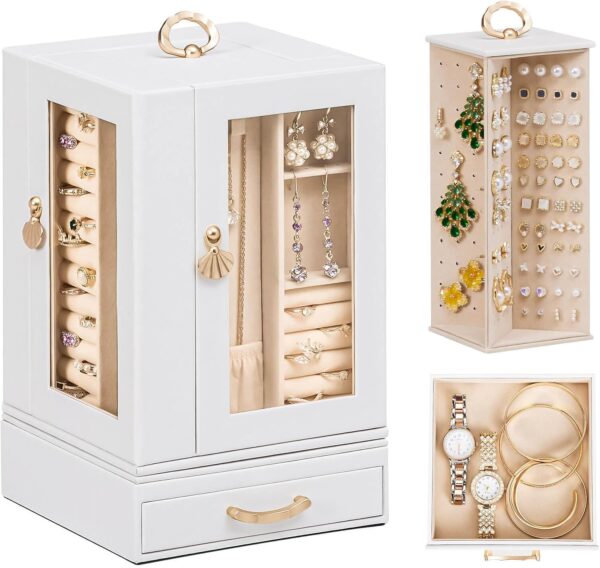 Jewelry Box large for Dresser: Women Necklace Ring Storage Organizer with Compartments - Elegant Earring Holder Display (White)