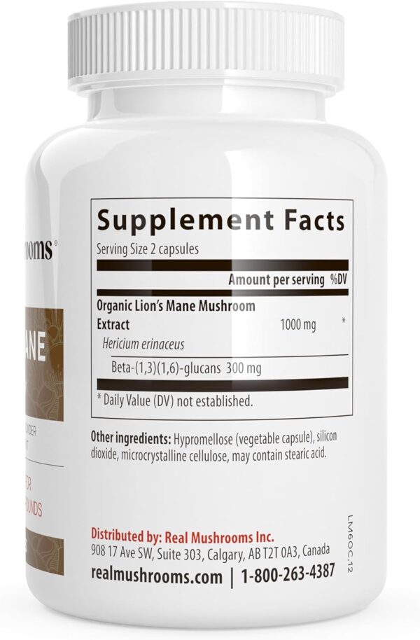 Real Mushrooms Lion’s Mane Capsules - Organic Lions Mane Mushroom Extract for Cognitive Function & Immune Support - Brain Mushroom Supplements for Memory and Focus - Vegan, 300 Caps - Image 7