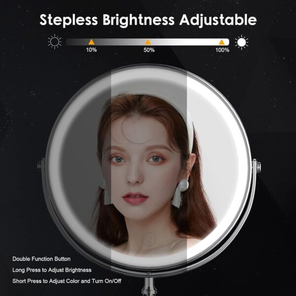 Lighted Makeup Mirror, 3000 mAh Rechargeable Double Sided Magnifying Mirror with 3 Colors, 1x/10x 360° Rotation Vanity Mirror, Brightness Adjustable Magnification Cosmetic Light up Mirror, Women Gift - Image 3