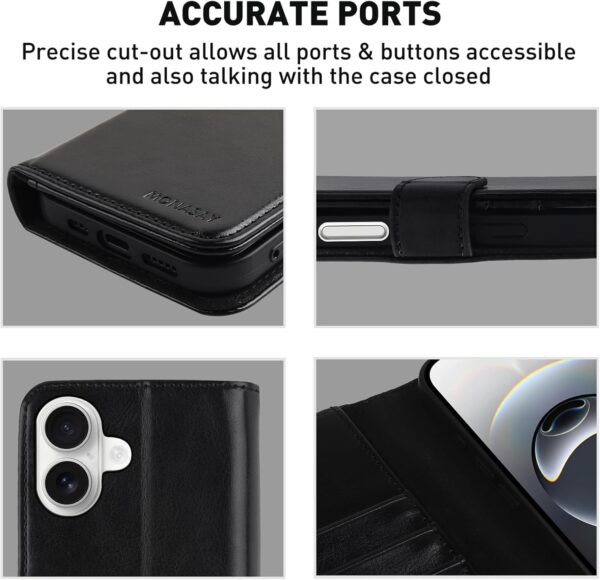 MONASAY Wallet Case Compatible for iPhone 16 5G,[Glass Screen Protector Included] [RFID Blocking] Flip Folio Leather Cell Phone Cover with Credit Card Holder, 6.1-inch, Black - Image 5