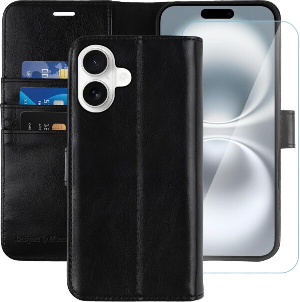 MONASAY Wallet Case Compatible for iPhone 16 5G,[Glass Screen Protector Included] [RFID Blocking] Flip Folio Leather Cell Phone Cover with Credit Card Holder, 6.1-inch, Black