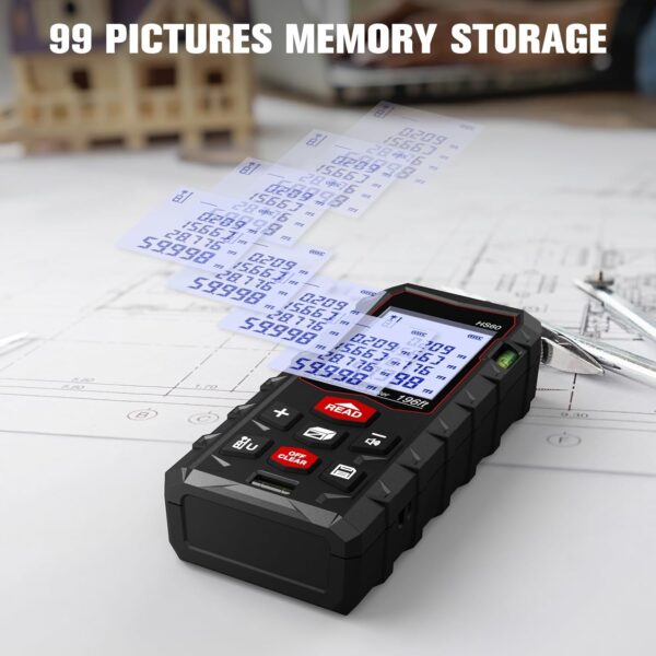 Laser Measure 196ft, Charcity Laser Distance Meter 60M(M/in/F) with 2 Bubble Levels, Mute Function IP54 Waterproof Large LCD Backlit, for Pythagorean Mode, Measuring Distance, Area, Volume - Image 7