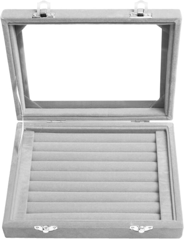 Jewelry Box Rings Organizer Tray 7 Slots Velvet Jewelry Earring Storage Box With Transparent Lid Jewelry Display Case for Girls Women (Gray) - Image 3