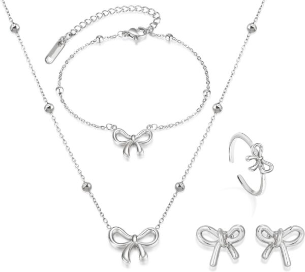 Bow Necklace Earrings Bracelet Set Bow Jewelry Set for Women Bowknot Pendant Chain Necklace Ribbon Stud Earrings Coquette Stuff Accessories Christmas Gifts