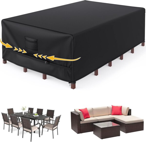 Patio Furniture Covers, Gorpche Outdoor Furniture Covers Waterproof, 108"L× 82"W× 28"H Tear-Resistant Patio Table and Chair Set Cover with Upgraded Fastener Windproof Buckle Straps, Heavy Duty, Black
