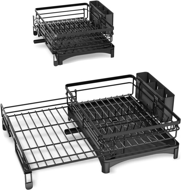 Dish Drying Rack - Extendable Dish Rack, Large Sink Drying Dish Drainer for Kitchen Counter, Stainless Steel Dish Strainer with Utensil Holder (Black) - Image 8