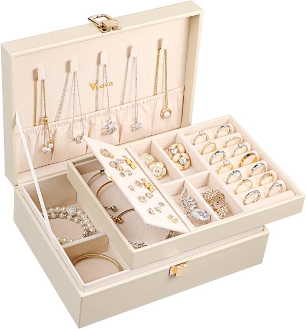 Voova Jewelry Box Organizer for Women Girls, 2 Layer Large Men Jewelry Storage Case, PU Leather Display Jewellery Holder with Removable Tray for Necklace Earrings Rings Bracelets, Vintage Gift,Apricot