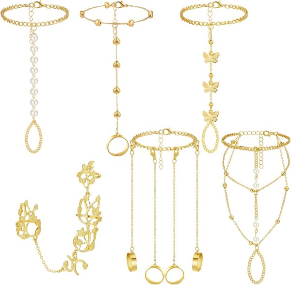 Fumete 6 pcs Finger Ring Bracelet Linked Rhinestone Hand Harness Chain Slave Bracelet with Ring Everyday Jewelry for Women