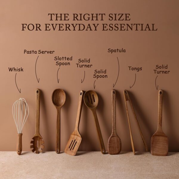 CAROTE Wooden kitchen Utensils Set, Acacia Wood 8pcs Cooking Utensil Set for Nonstick Cookware, Long-lasting Wooden Spoons for Cooking, Spatula, Turner - Image 2
