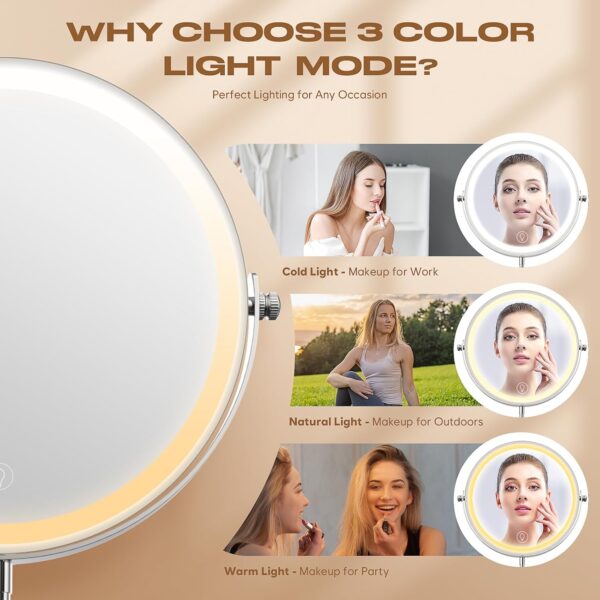 Makeup Mirror with Lights, 1x/20x 360° Rotation Vanity Mirror, Brightness Adjustable Lighted Makeup Mirror with Magnification, 5000 mAh Rechargeable Double Sided Mirror with 3 Colors, Gift for Women - Image 3