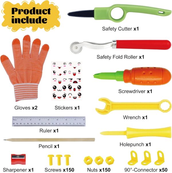 361 Piece Cardboard Construction Tools Kit for Kids: STEAM Building Toy Set with Cardboard Cutter Gloves Screws Nuts, Educational Craft Kit Gift for Boys Girls Age 5+, Great for Home Play + Classroom - Image 2